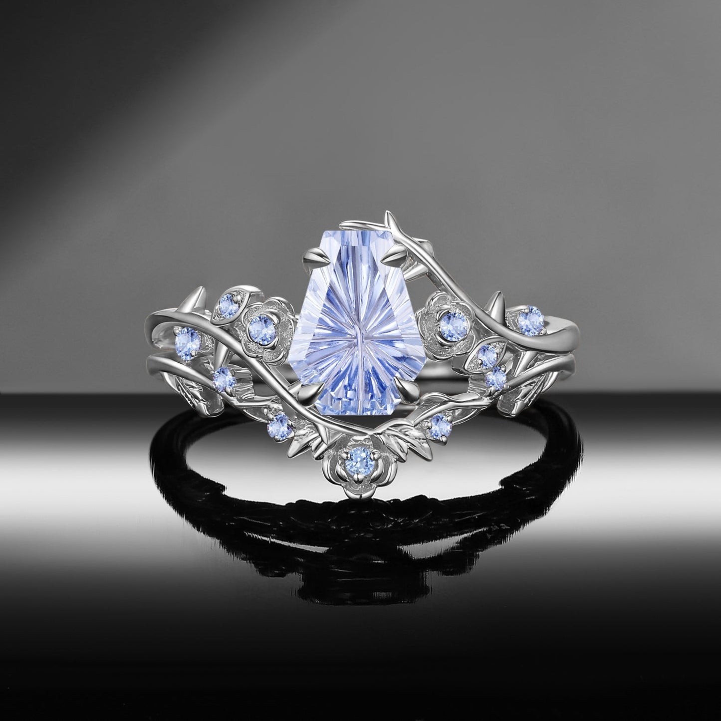 Thorns & Roses - Gothic Nature Inspired Fantasy Carved Coffin Lab Cornflower Sapphire Engagement Ring Set 2pcs