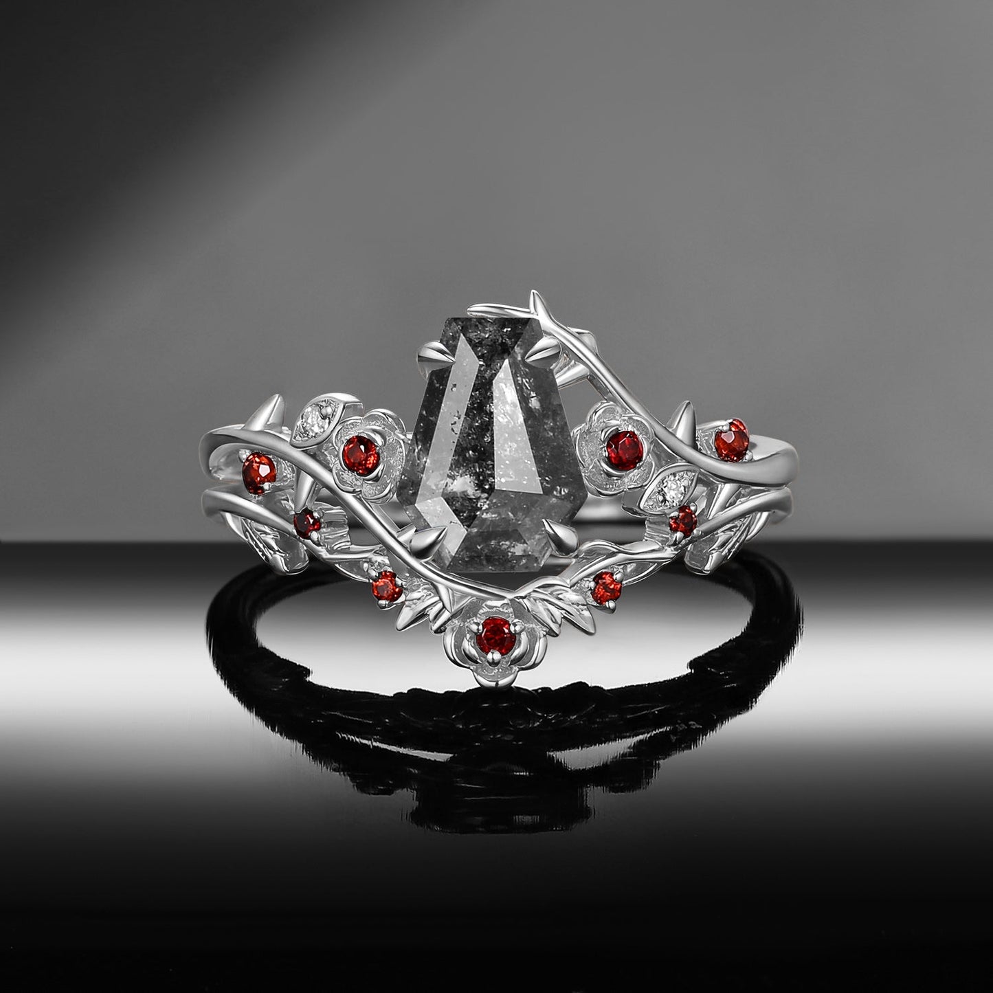 'The Fine Print' - Nature Inspired Coffin Salt & Pepper Diamond Thorns & Roses Bridal Set with Twisted Vine Band