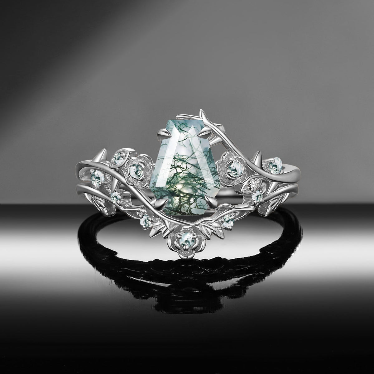 Gothic Nature Inspired Coffin Cut Moss Agate Engagement Ring Set 2pcs - 'Thorns & Roses'
