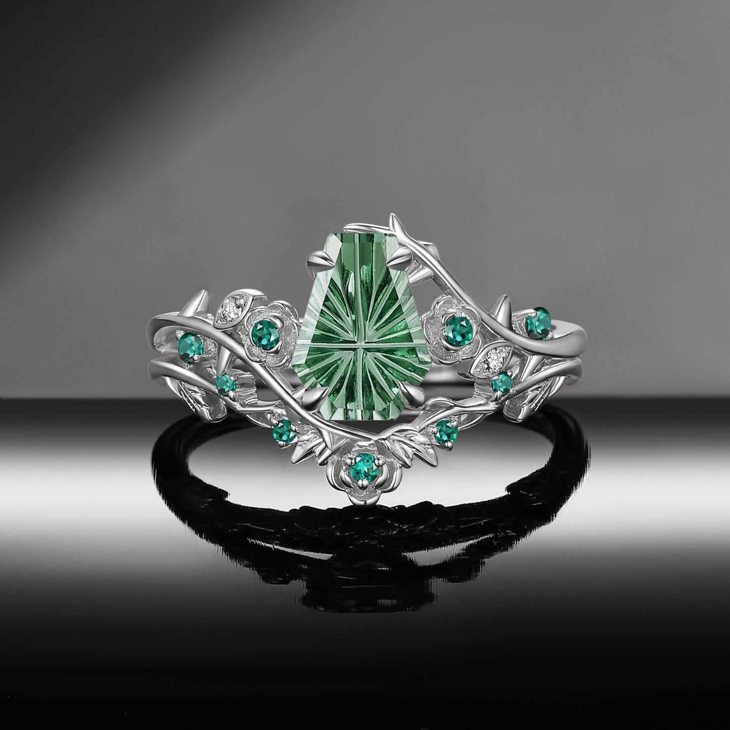 'Thorns & Roses' - Gothic Nature Inspired Fantasy Carved Coffin Lab Green Sapphire Engagement Ring Set