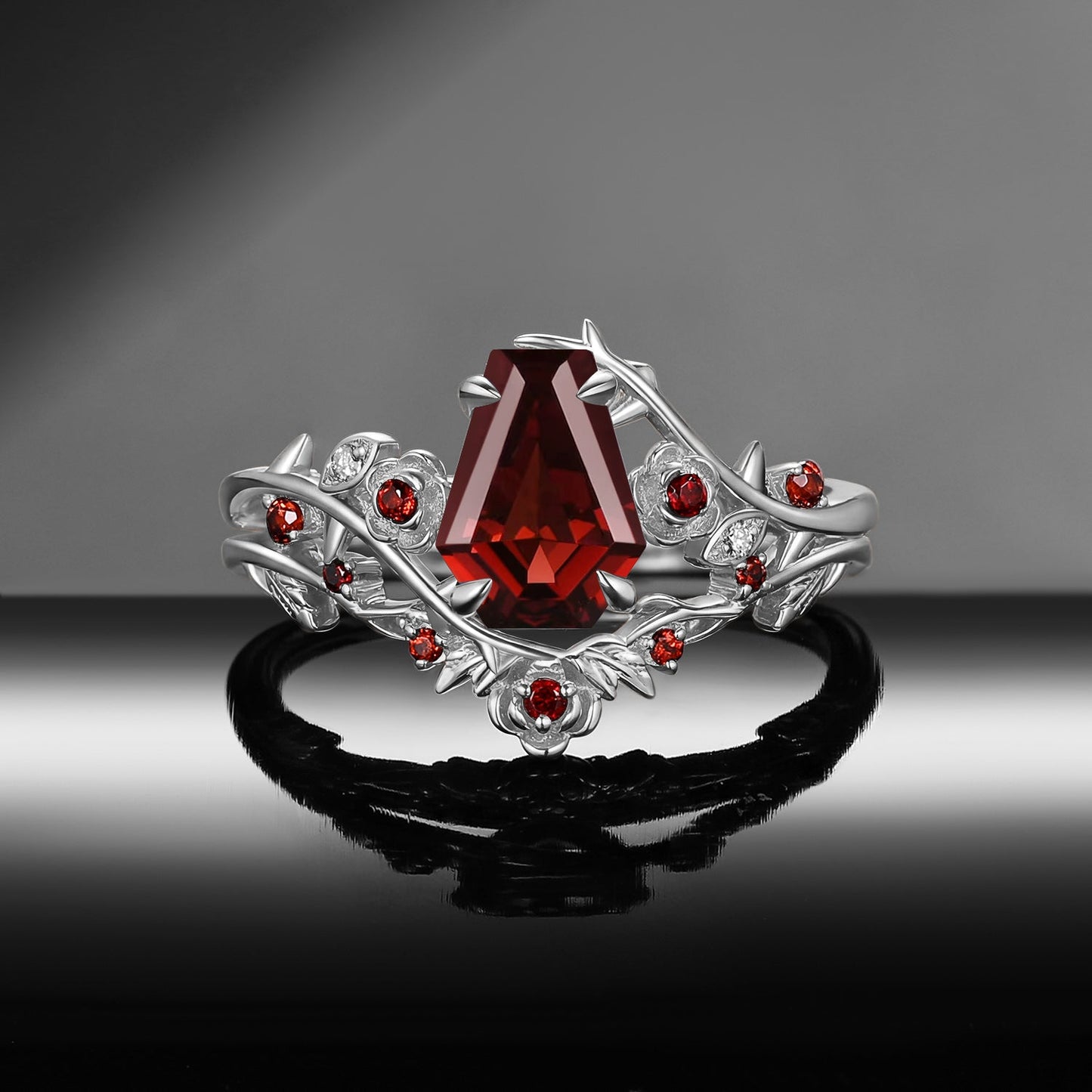 Gothic Nature Inspired Coffin Cut Garnet Engagement Ring Set 2pcs - 'Thorns & Roses'