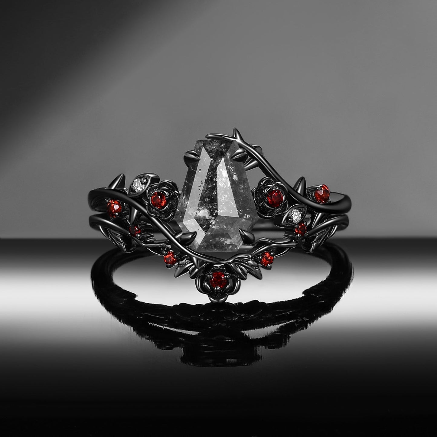 'The Fine Print' - Nature Inspired Coffin Salt & Pepper Diamond Thorns & Roses Bridal Set with Twisted Vine Band