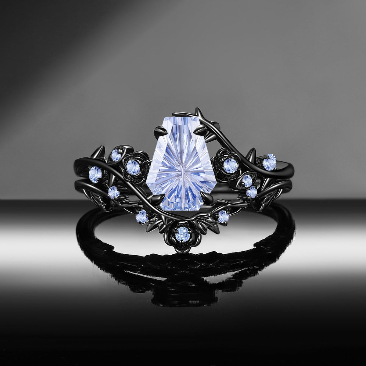 Thorns & Roses - Gothic Nature Inspired Fantasy Carved Coffin Lab Cornflower Sapphire Engagement Ring Set 2pcs