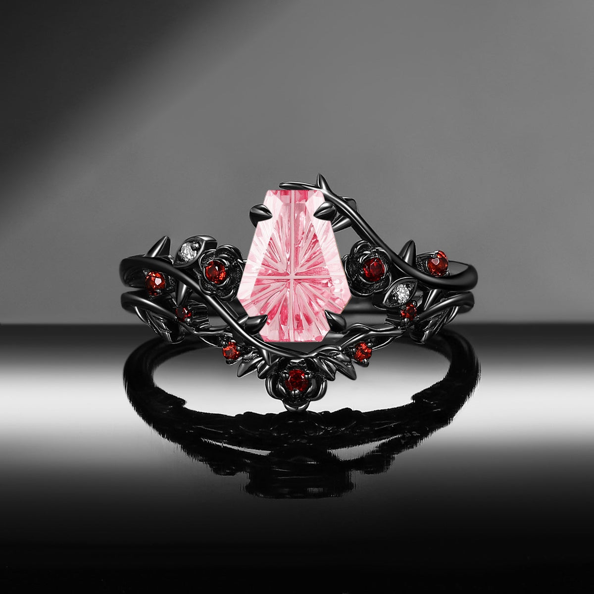 'Thorns & Roses' - Gothic Nature Inspired Fantasy Carved Coffin Lab Pink Sapphire Engagement Ring Set