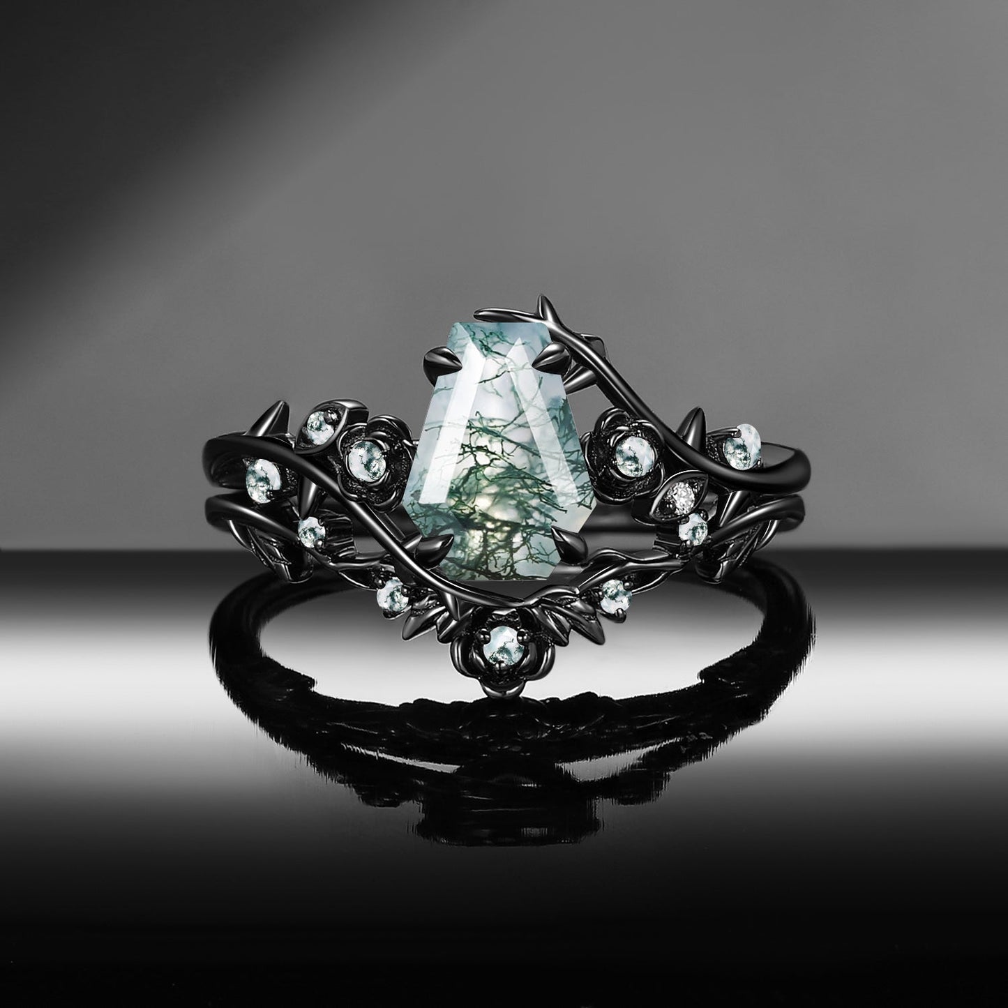 Gothic Nature Inspired Coffin Cut Moss Agate Engagement Ring Set 2pcs - 'Thorns & Roses'