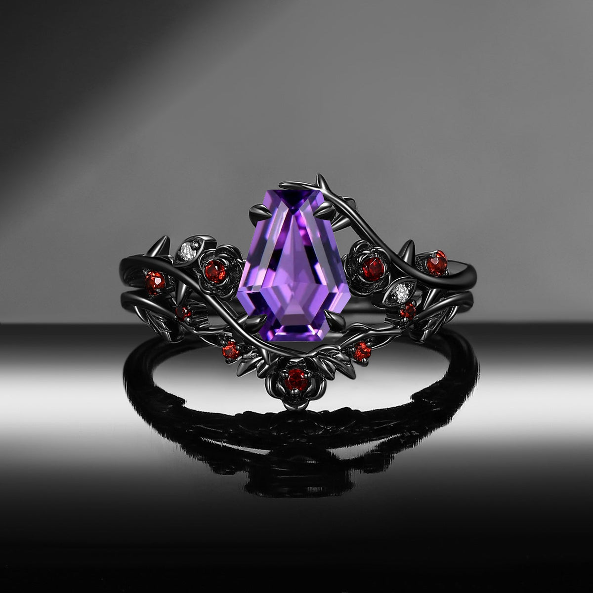 'The Fine Print' - Nature Inspired Coffin Amethyst Thorns & Roses Engagement Ring Set