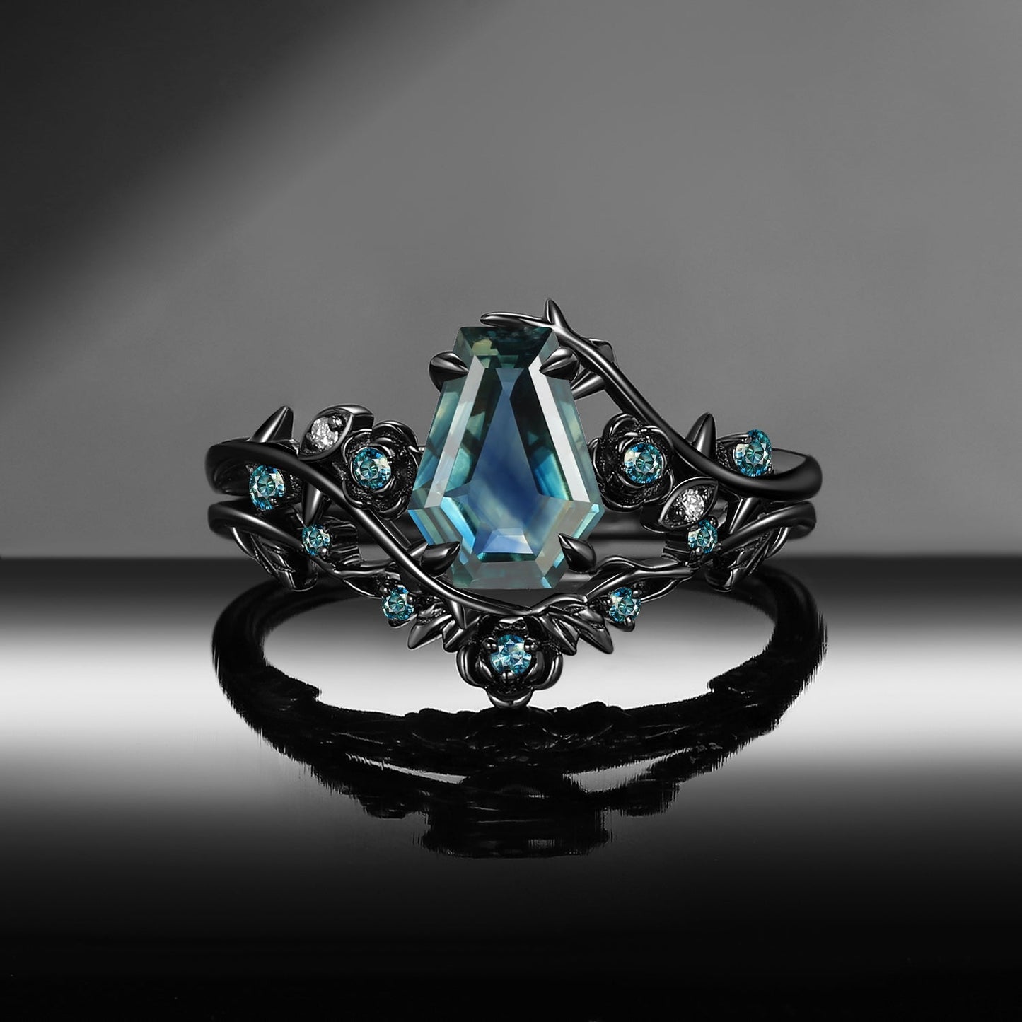 Thorns & Roses - Nature Inspired Coffin Cut Natural Teal Sapphire Engagement Ring Bridal Set with Diamond Accents