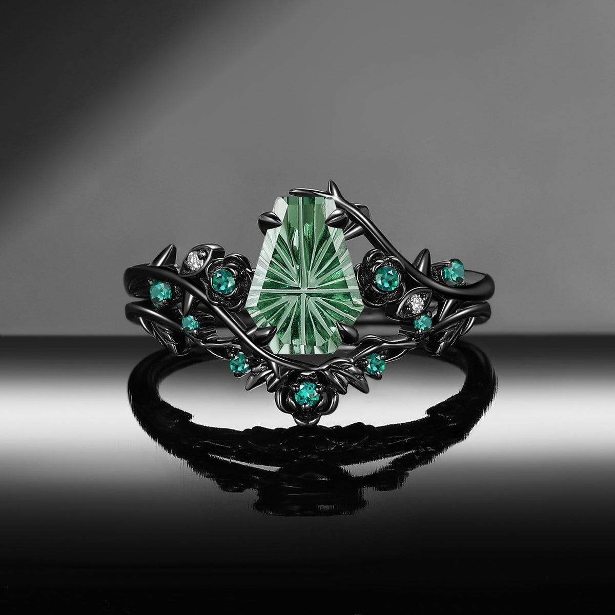 'Thorns & Roses' - Gothic Nature Inspired Fantasy Carved Coffin Lab Green Sapphire Engagement Ring Set