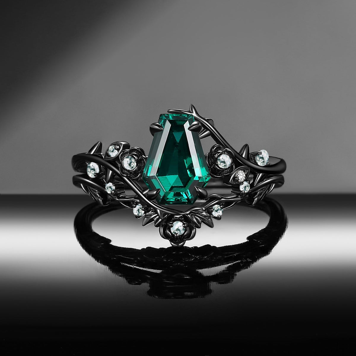 Gothic Nature Inspired Coffin Cut Lab Emerald Engagement Ring Set 2pcs - 'Thorns & Roses'