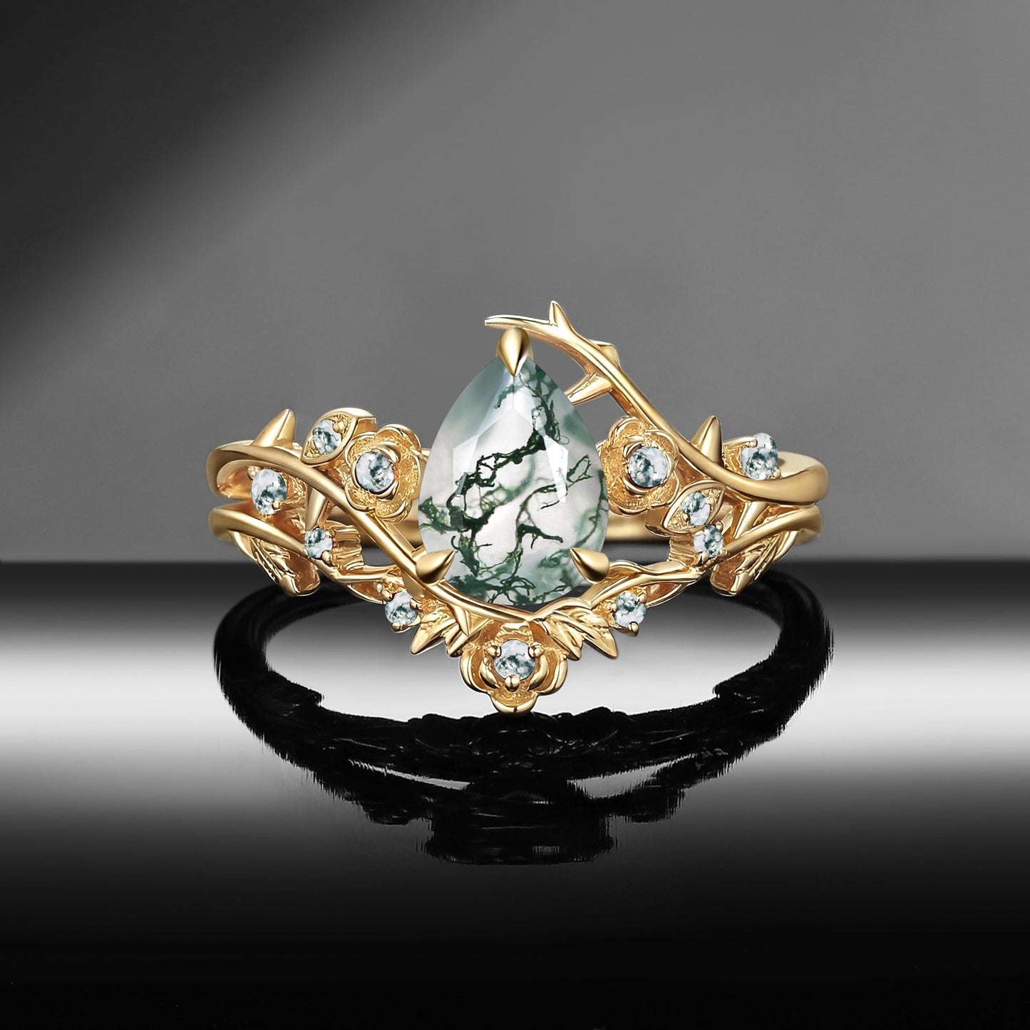 Gothic Nature Inspired Pear Cut Moss Agate Engagement Ring Set 2pcs - 'Thorns & Roses'