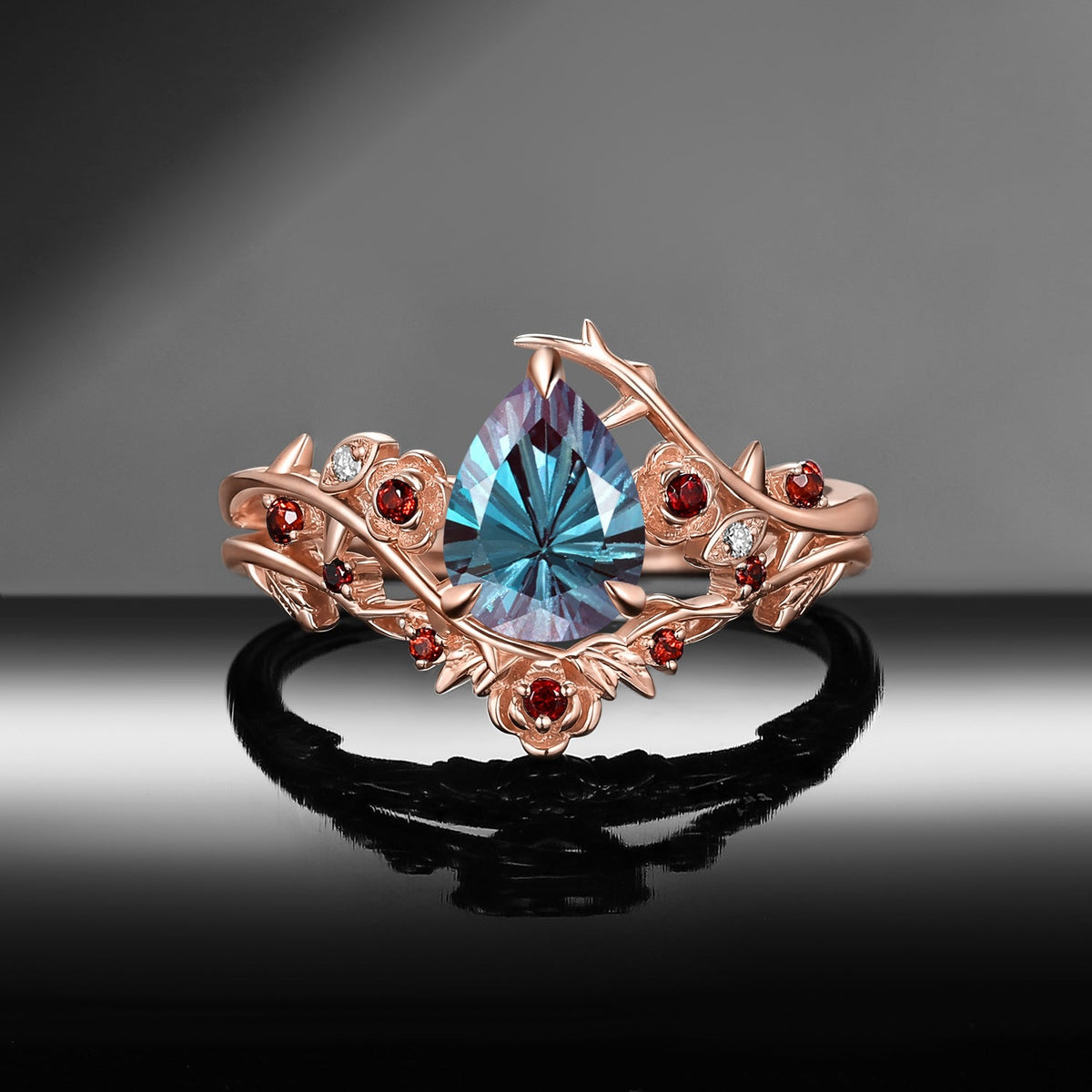Thorns & Roses - Nature Inspired Firework Cut Pear Lab Alexandrite Engagement Ring Set