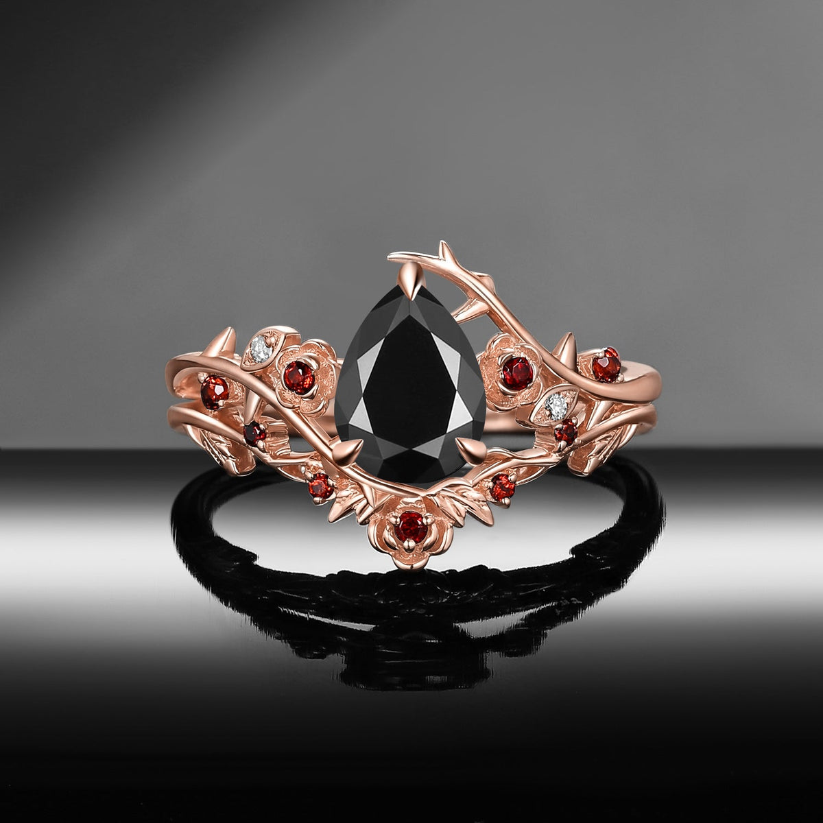 Gothic Nature Inspired Pear Cut Black Moissanite Engagement Ring Set 2pcs - 'Thorns & Roses'