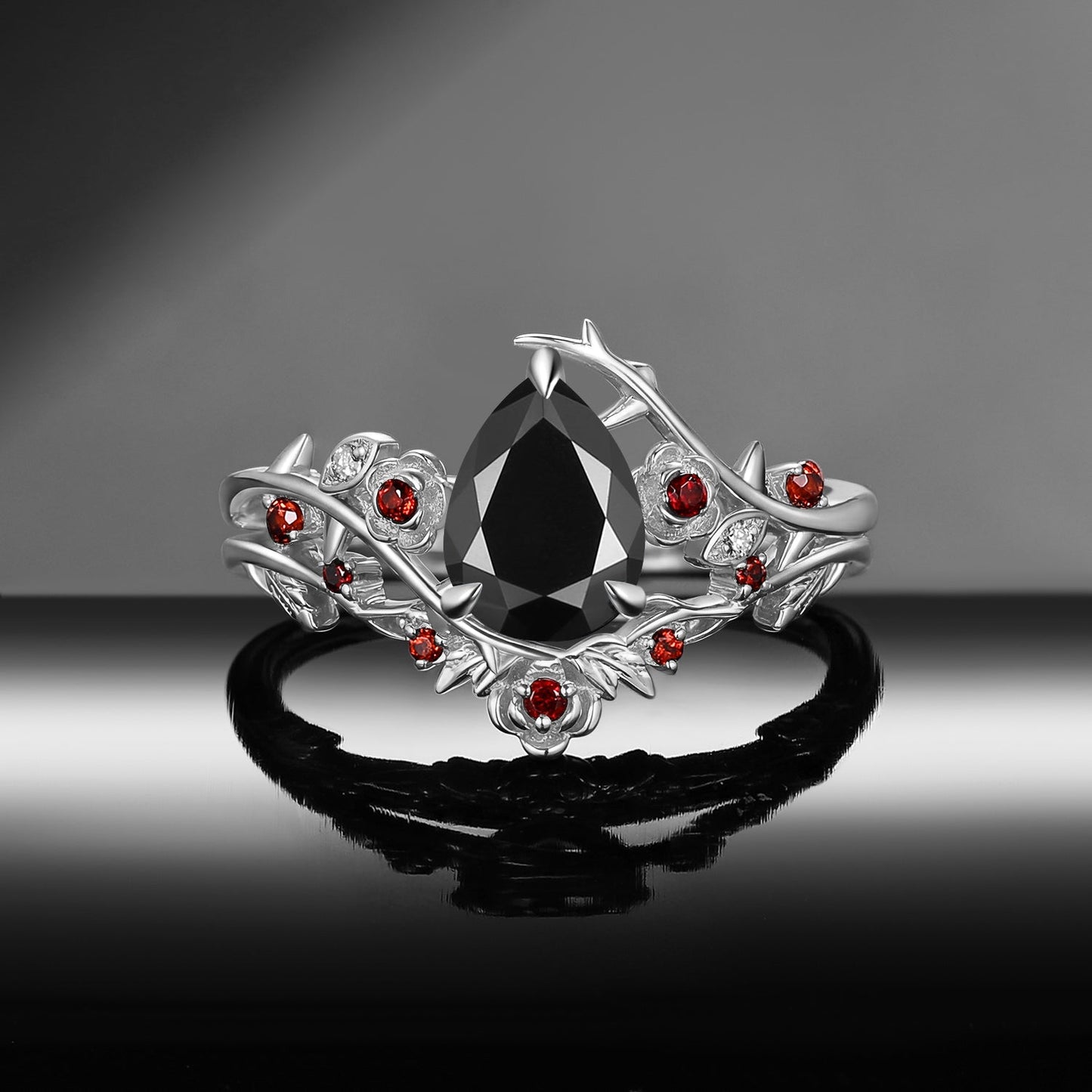 Gothic Nature Inspired Pear Cut Black Moissanite Engagement Ring Set 2pcs - 'Thorns & Roses'