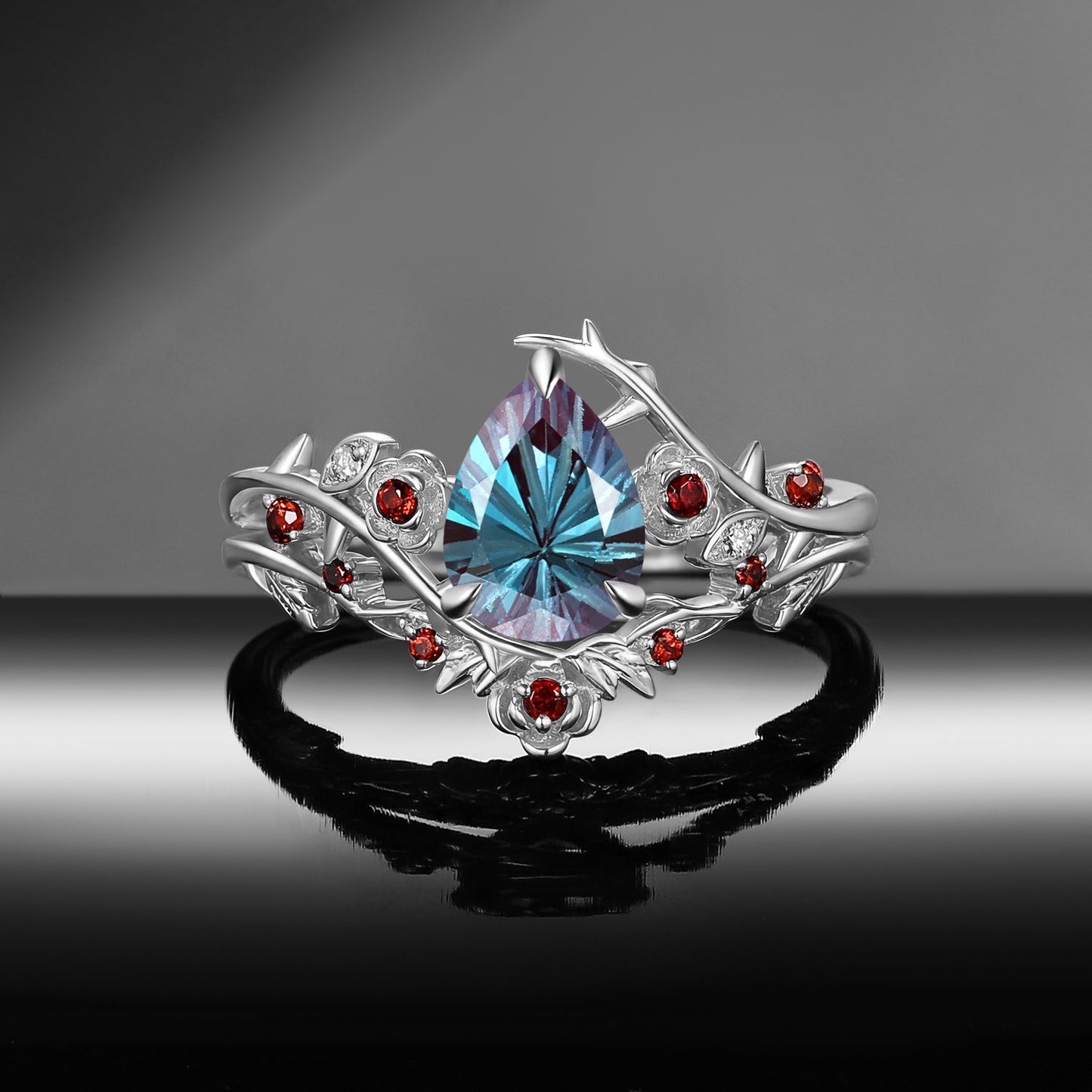 Thorns & Roses - Nature Inspired Firework Cut Pear Lab Alexandrite Engagement Ring Set