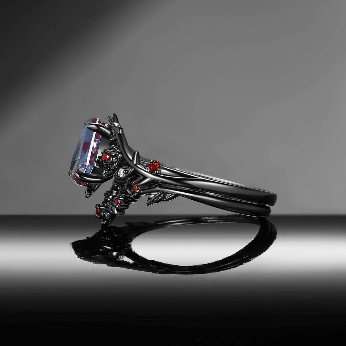 'The Fine Print' - Nature Inspired Coffin Cut Lab Alexandrite Thorns & Roses Bridal Set with Twisted Vine Band