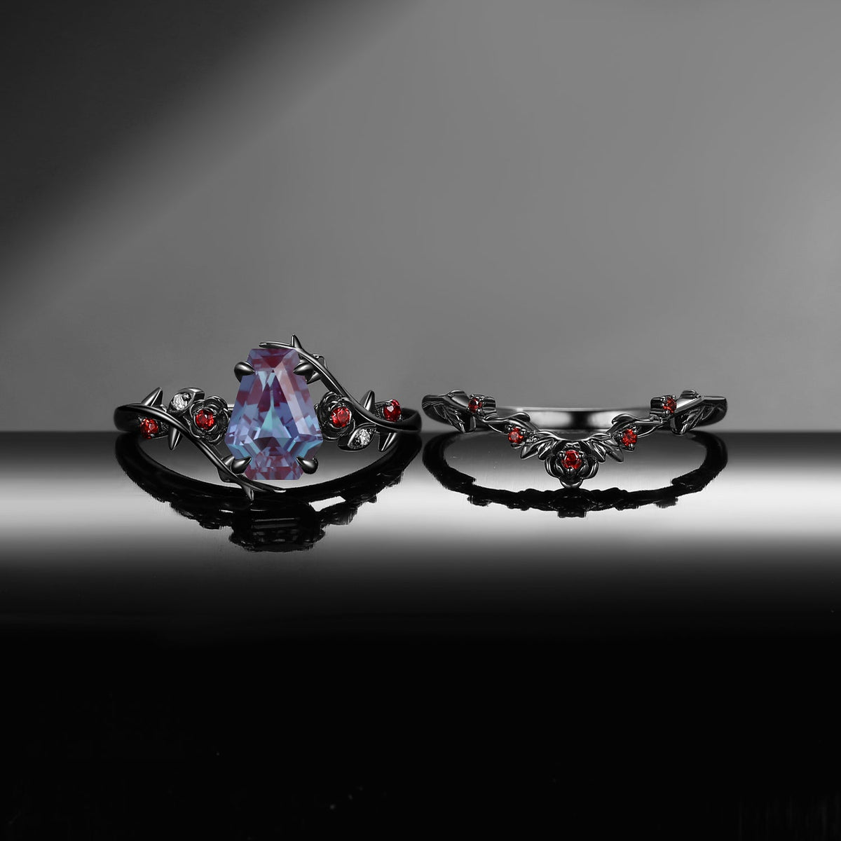 'The Fine Print' - Nature Inspired Coffin Cut Lab Alexandrite Thorns & Roses Bridal Set with Twisted Vine Band