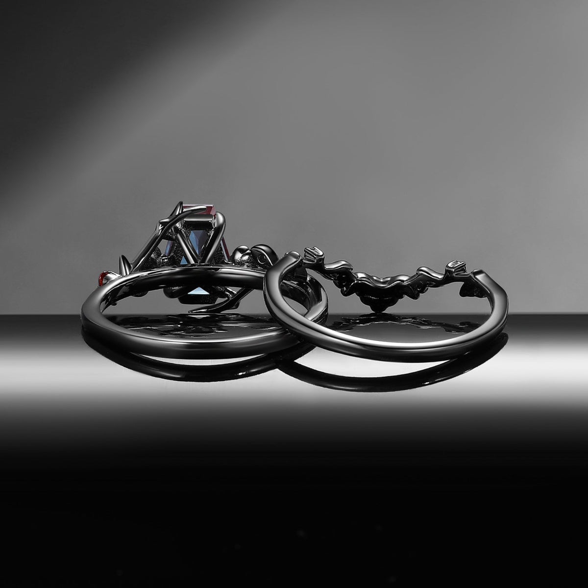 'The Fine Print' - Nature Inspired Coffin Cut Lab Alexandrite Thorns & Roses Bridal Set with Twisted Vine Band