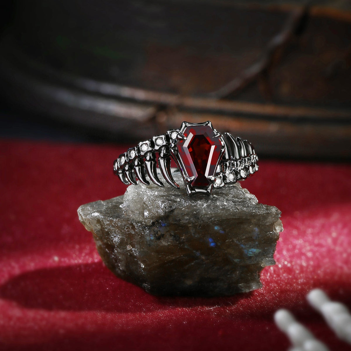 Gothic Inspired Skull & Skeleton Coffin Cut Garnet Engagement Ring