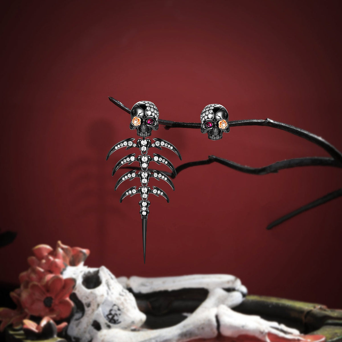 Gothic Skull & Skeleton Stud Earring Set