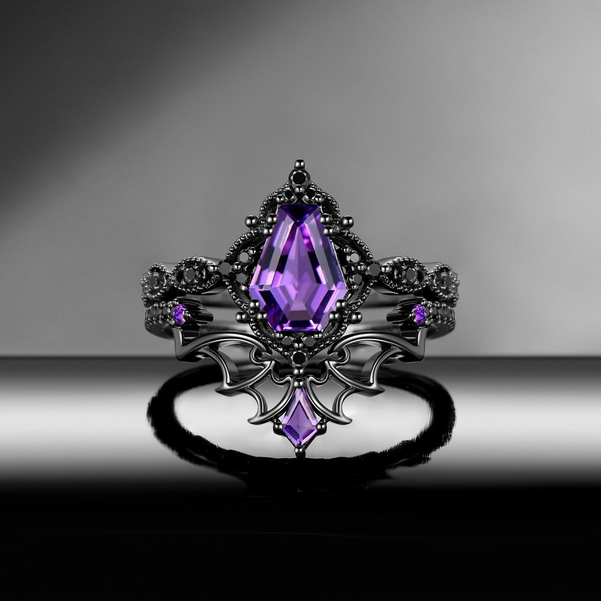 'Dark Romance' - Gothic Coffin Cut Amethyst Engagement Ring Set with Bat Wings in Black Gold