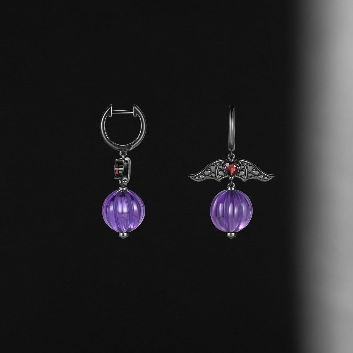 Amethyst Gothic Bat & Pumpkin Shaped Halloween Stud Earrings
