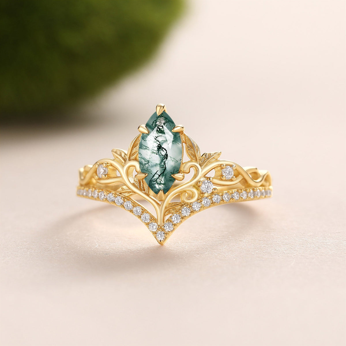 Marquise Cut Moss Agate Leaf Engraved Engagement Ring Sets 2pcs - Filigree