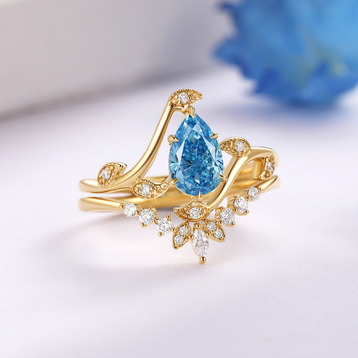 Pear Blue Lab Grown Diamond Leaf Vintage Ring Set 2pcs - Tide