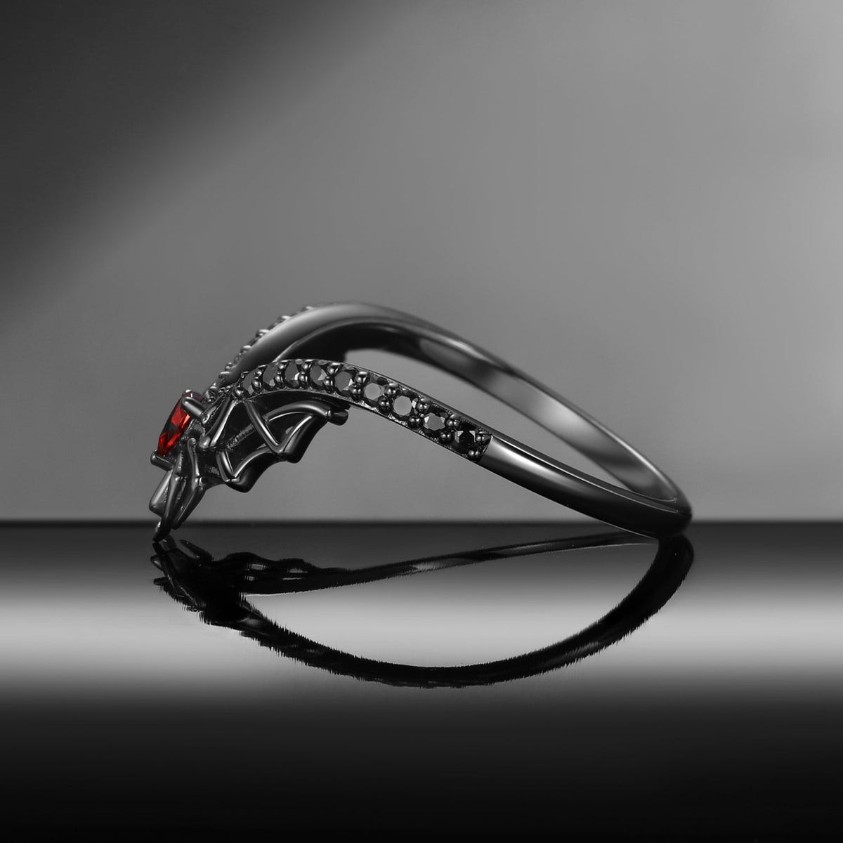 Pear shaped Garnet Curved Spider Web Halloween Wedding Band