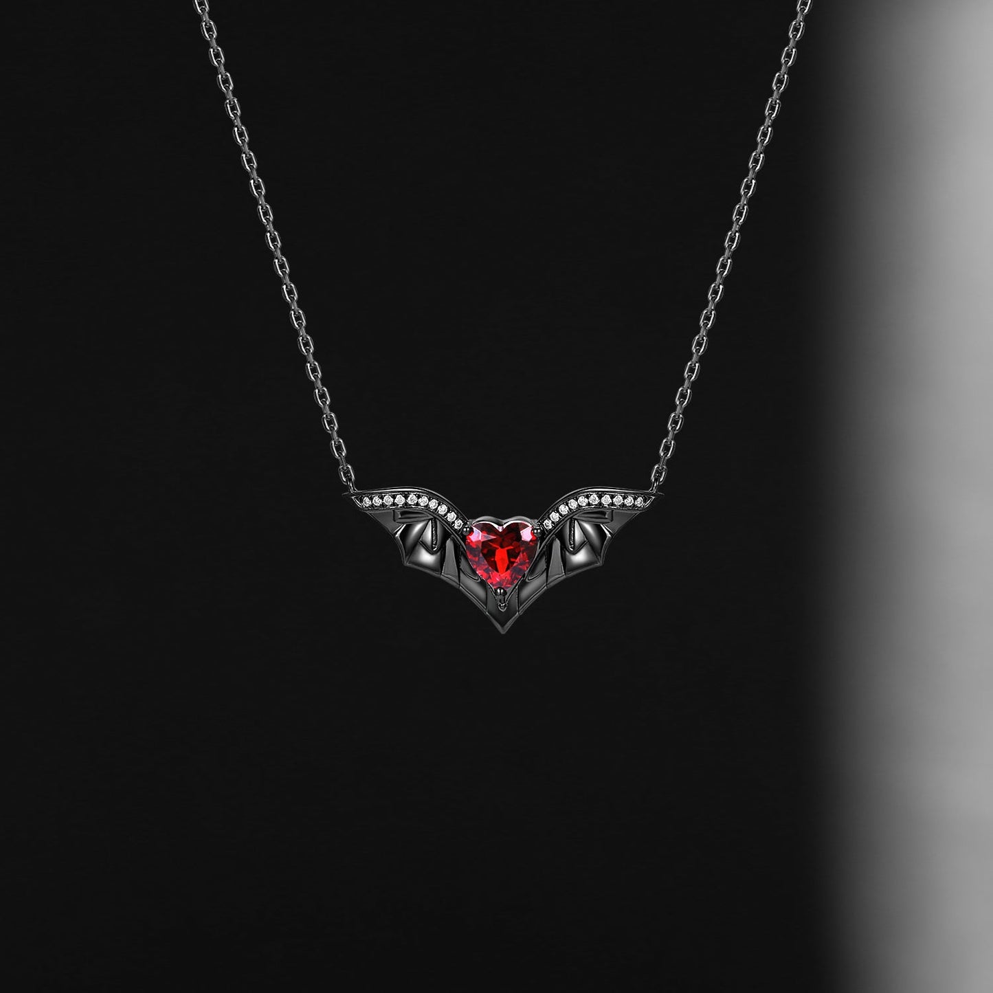 Bat Wing Garnet Heart Shaped Necklace Black Gold Halloween Jewelry