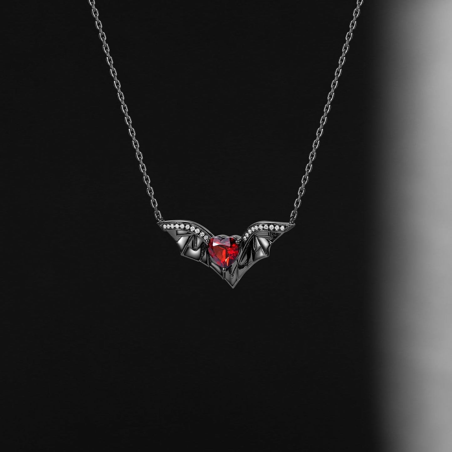 Bat Wing Garnet Heart Shaped Necklace Black Gold Halloween Jewelry