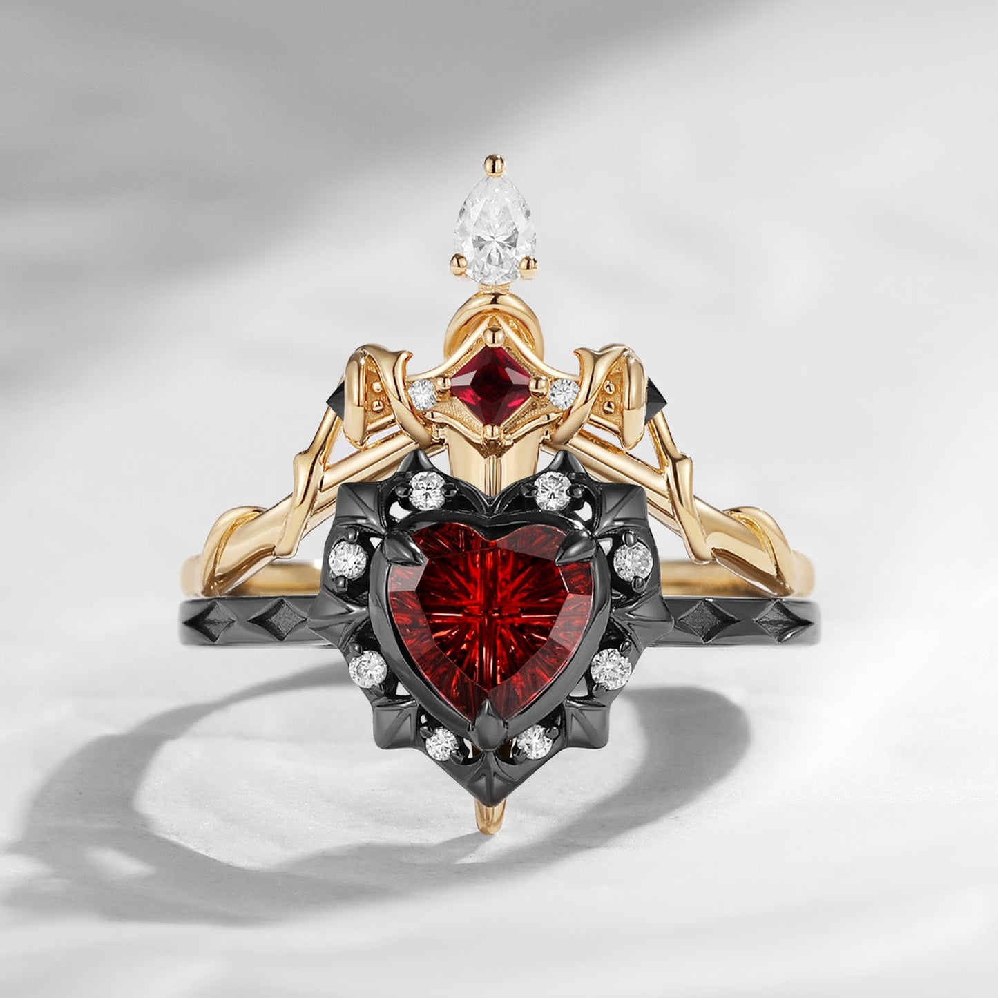 'Cupid's Arrow' - Fantasy Cut Garnet Heart Sword Two-Tone Ring Set