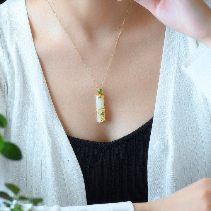 Fortune Jewel White Jade Cyan Jade Bamboo Protection Necklace Pendant