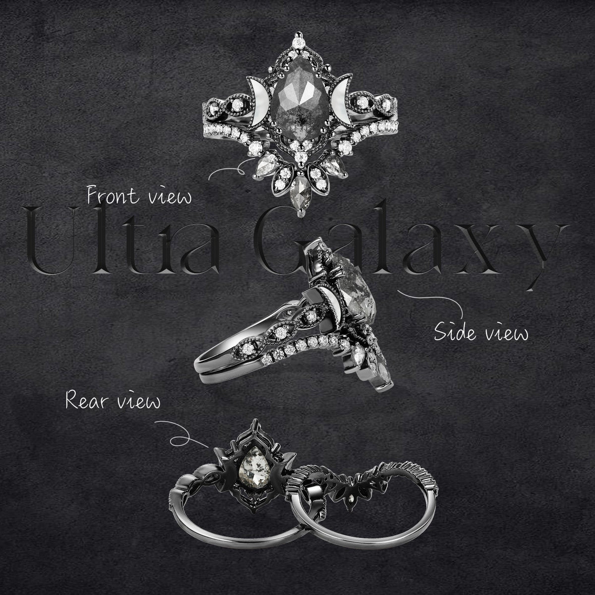 Crescent Moon | Pear Salt & Pepper Diamond & Mother of Pearl Moon 'Ultra Galaxy' Engagement Ring Set 2pcs