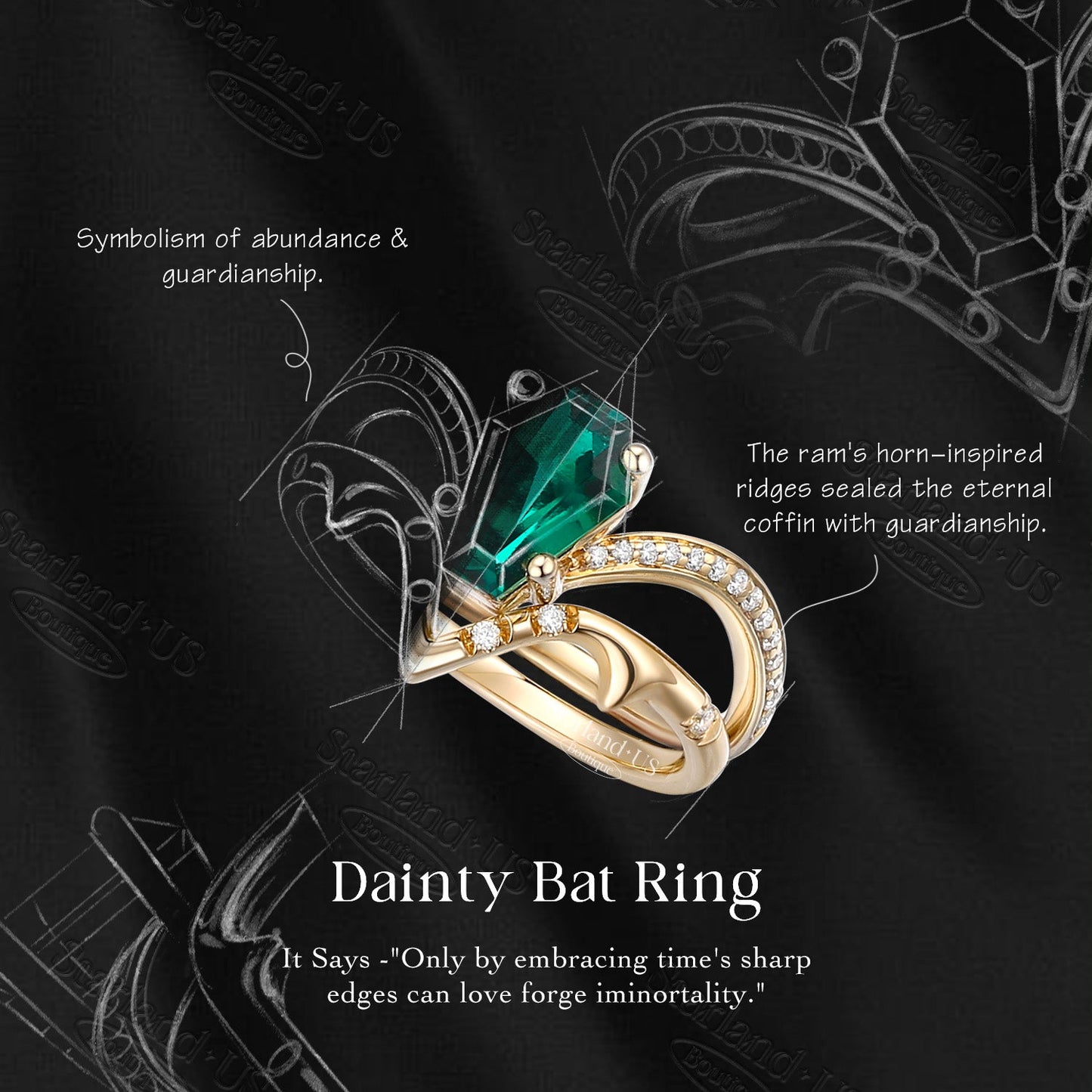 Coffin Cut Lab Pink Diamond Spooky Engagement Ring Set 2pcs - Dainty Bat Ring