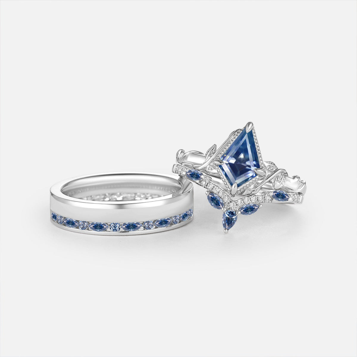 Luminous Reverie - Kite Cut Green Blue Moissanite Leaf Bezel Vintage Couple Ring Set 3pcs - Calanthe