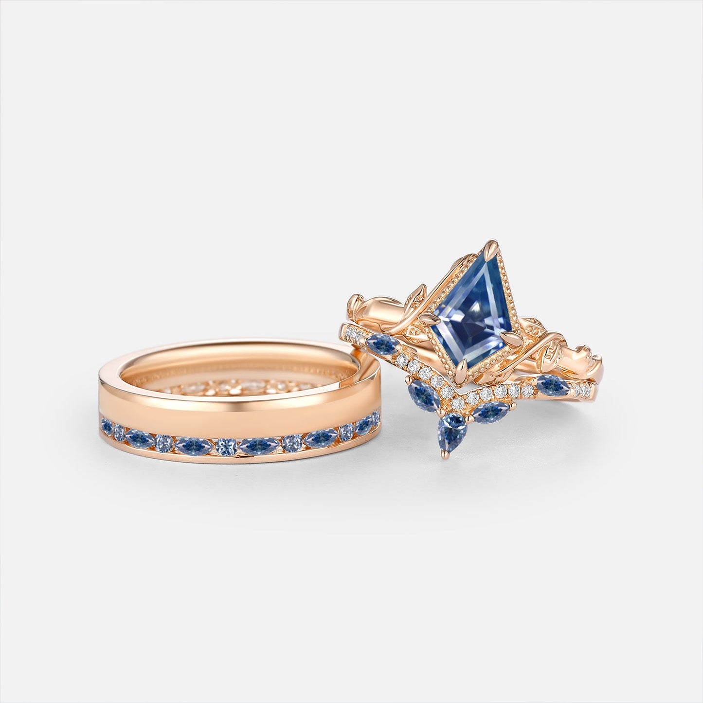 Luminous Reverie - Kite Cut Green Blue Moissanite Leaf Bezel Vintage Couple Ring Set 3pcs - Calanthe