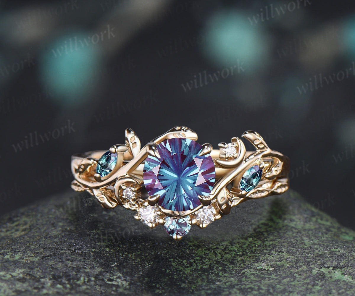 1CT Fireworks Cut Alexanrite Ring Set Leaf Vine Art Deco Moon Promise Ring Diamond Alexandrite Wedding Band Vintage Bridal Set