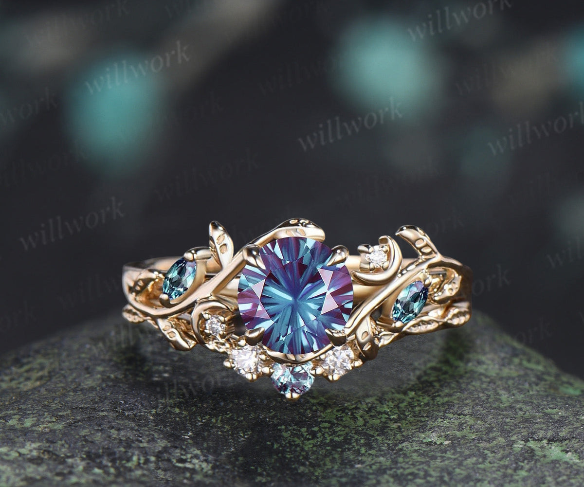 1CT Fireworks Cut Alexanrite Ring Set Leaf Vine Art Deco Moon Promise Ring Diamond Alexandrite Wedding Band Vintage Bridal Set