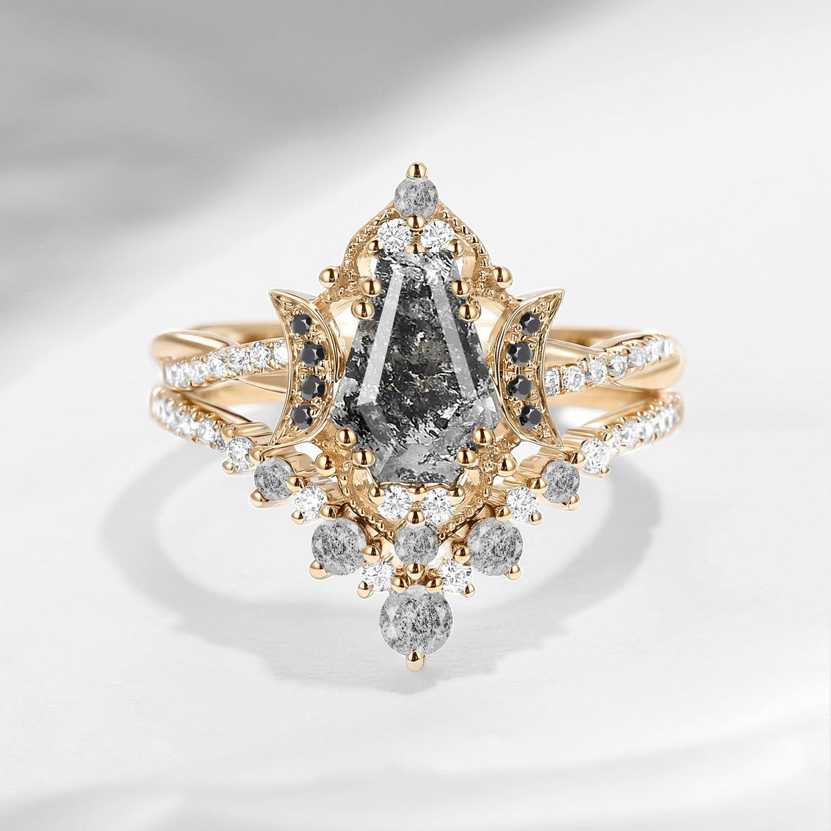 Crescent Moon | Coffin Cut Herkimer Diamond Moon Infinity Engagemnet Ring Set Bridal Set 2pcs