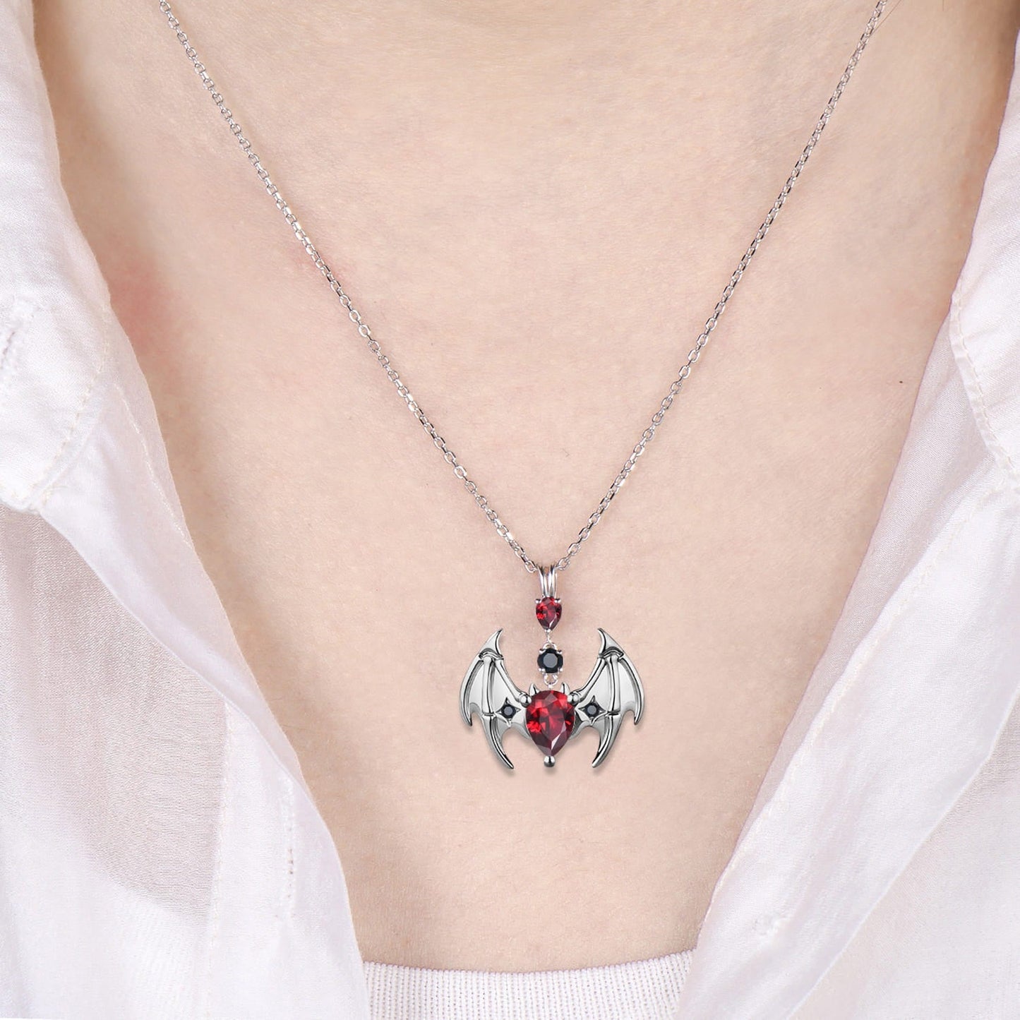 Gothic Bat Garnet Necklace, Pear Cut Red Garnet Pendant, Vampire Bat Wings Jewelry, Dark Academia Black Spinel Charm, Halloween Gift for Her