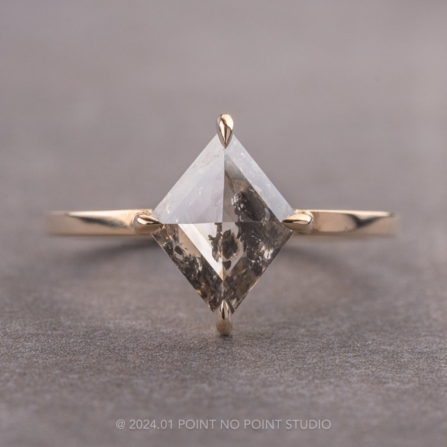 1.50 Carat Salt and Pepper Lozenge Diamond Engagement Ring, Jane Setting, 14K Yellow Gold