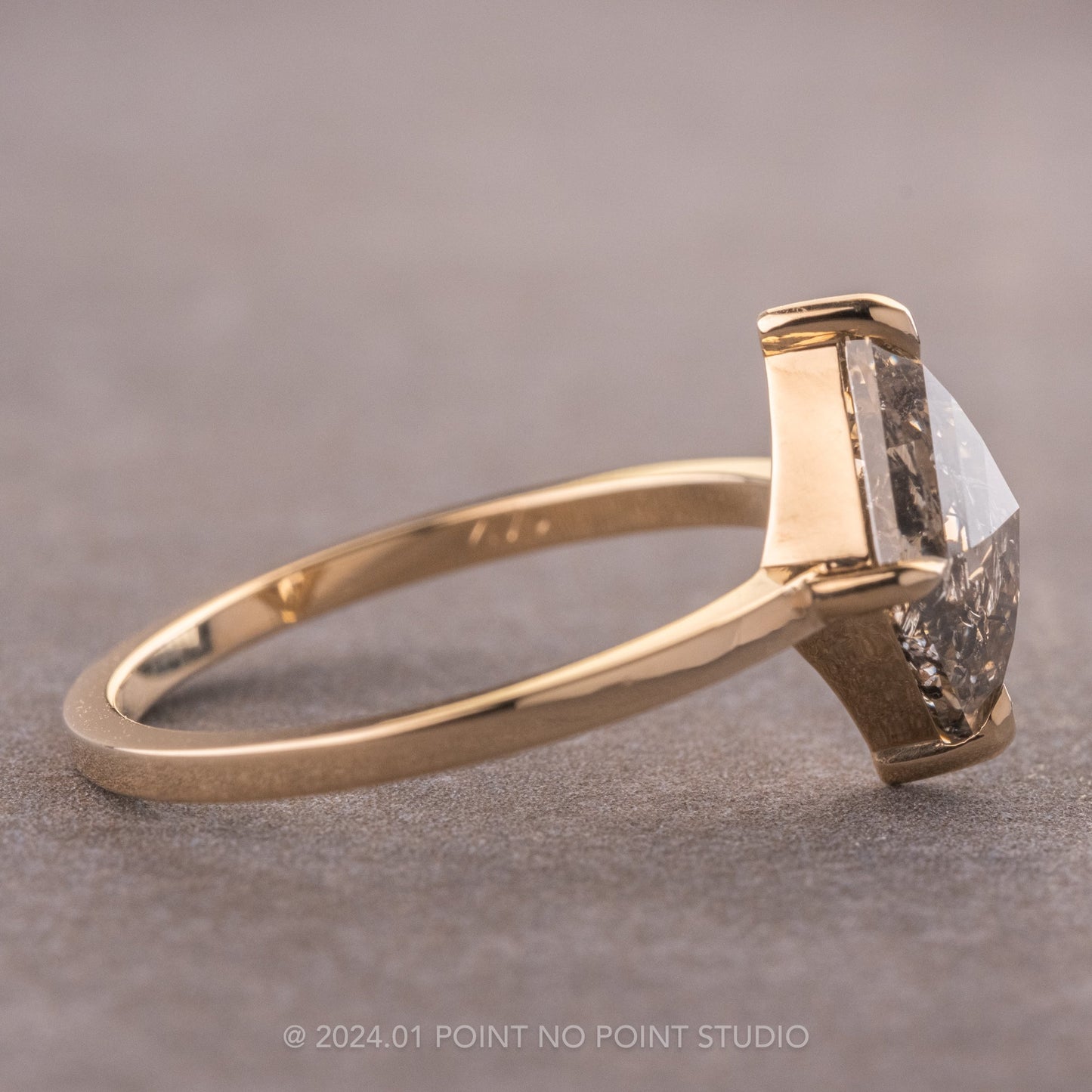 1.50 Carat Salt and Pepper Lozenge Diamond Engagement Ring, Jane Setting, 14K Yellow Gold