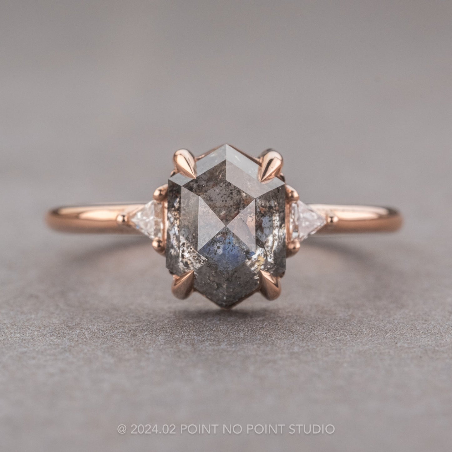 2.33 Carat Salt and Pepper Hexagon Diamond Engagement Ring, Zoe Setting, 14K Rose Gold