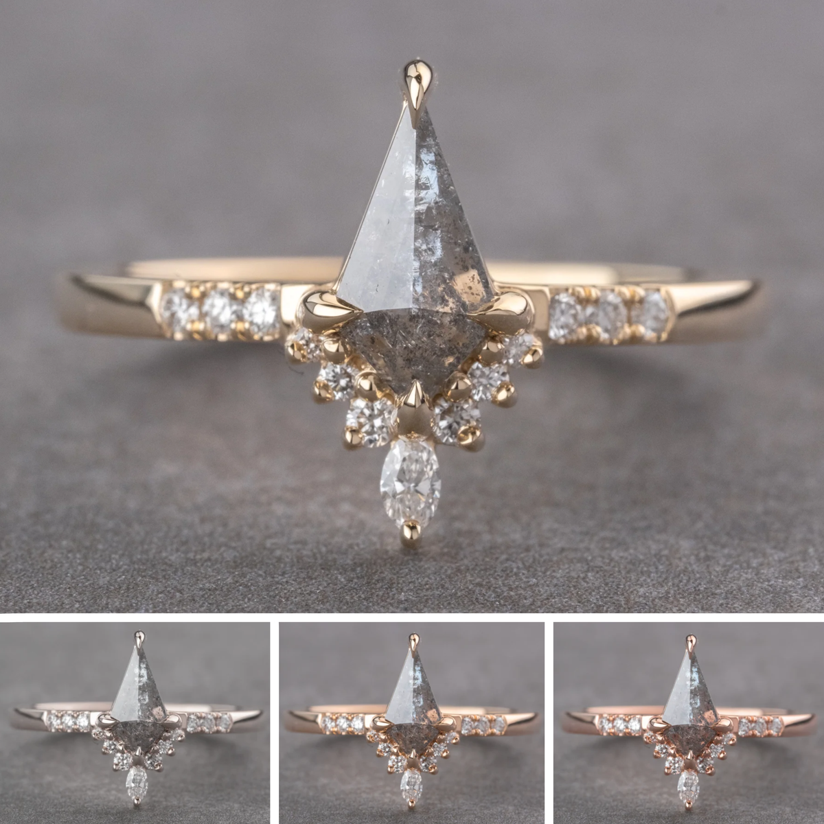 .85 Carat Salt and Pepper Kite Diamond Engagement Ring, Avaline Setting