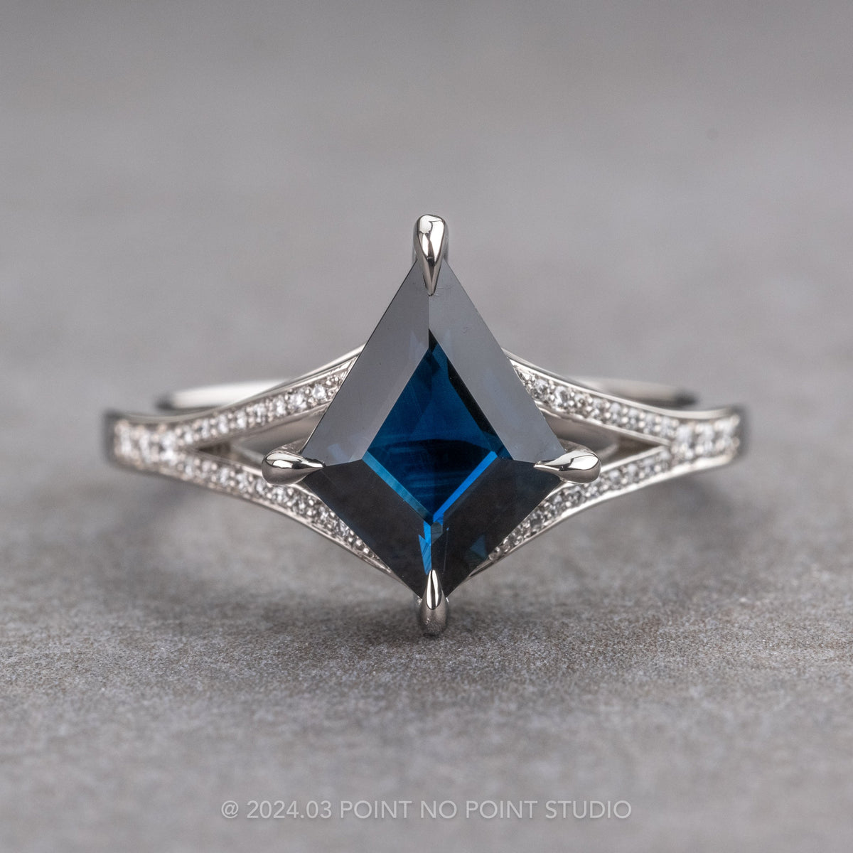 1.99 Carat Blue Kite Sapphire and Diamond Engagement Ring, River Setting