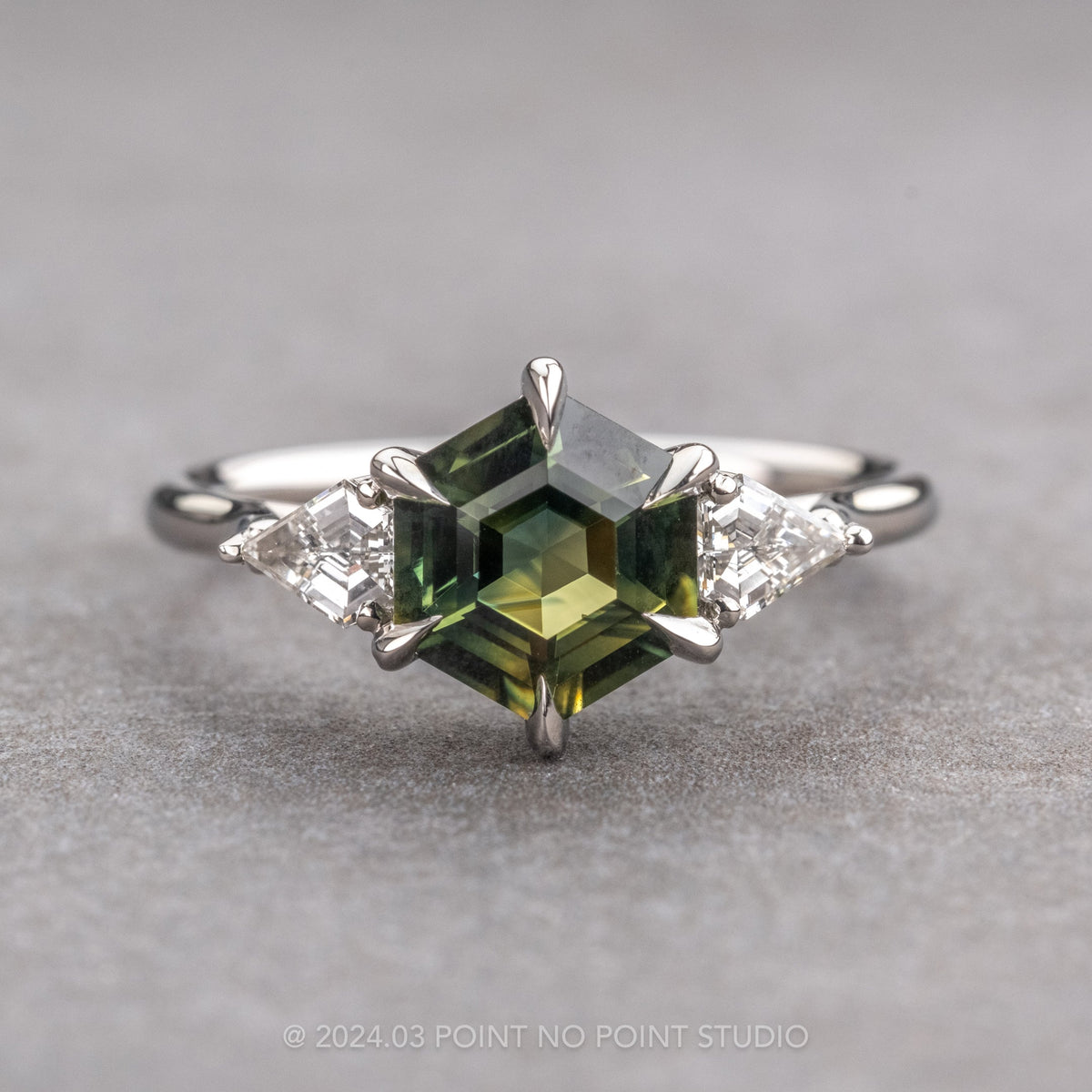 2.63 Carat Green Hexagon Sapphire and Diamond Engagement Ring, Lea Setting