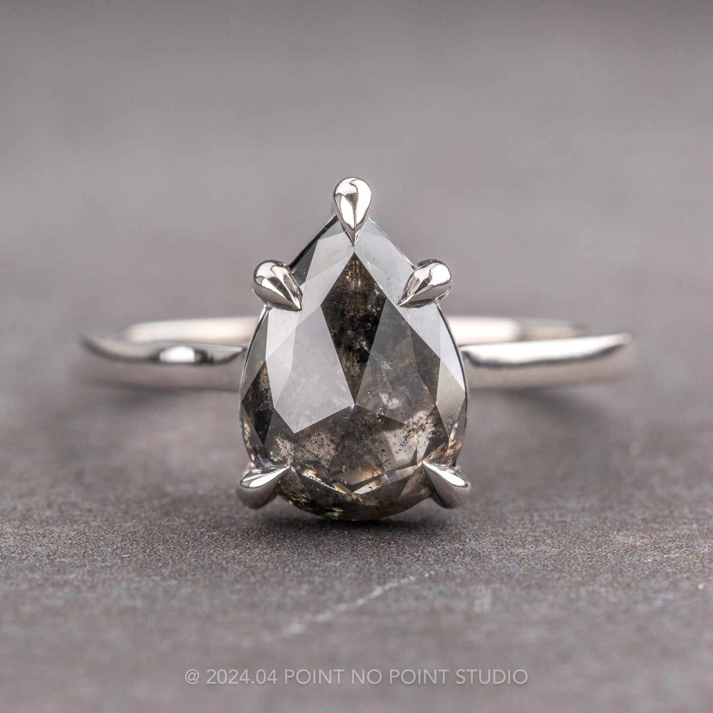 2.41 Carat Black Salt and Pepper Pear Diamond Engagement Ring, Lenora Setting, 14k White Gold