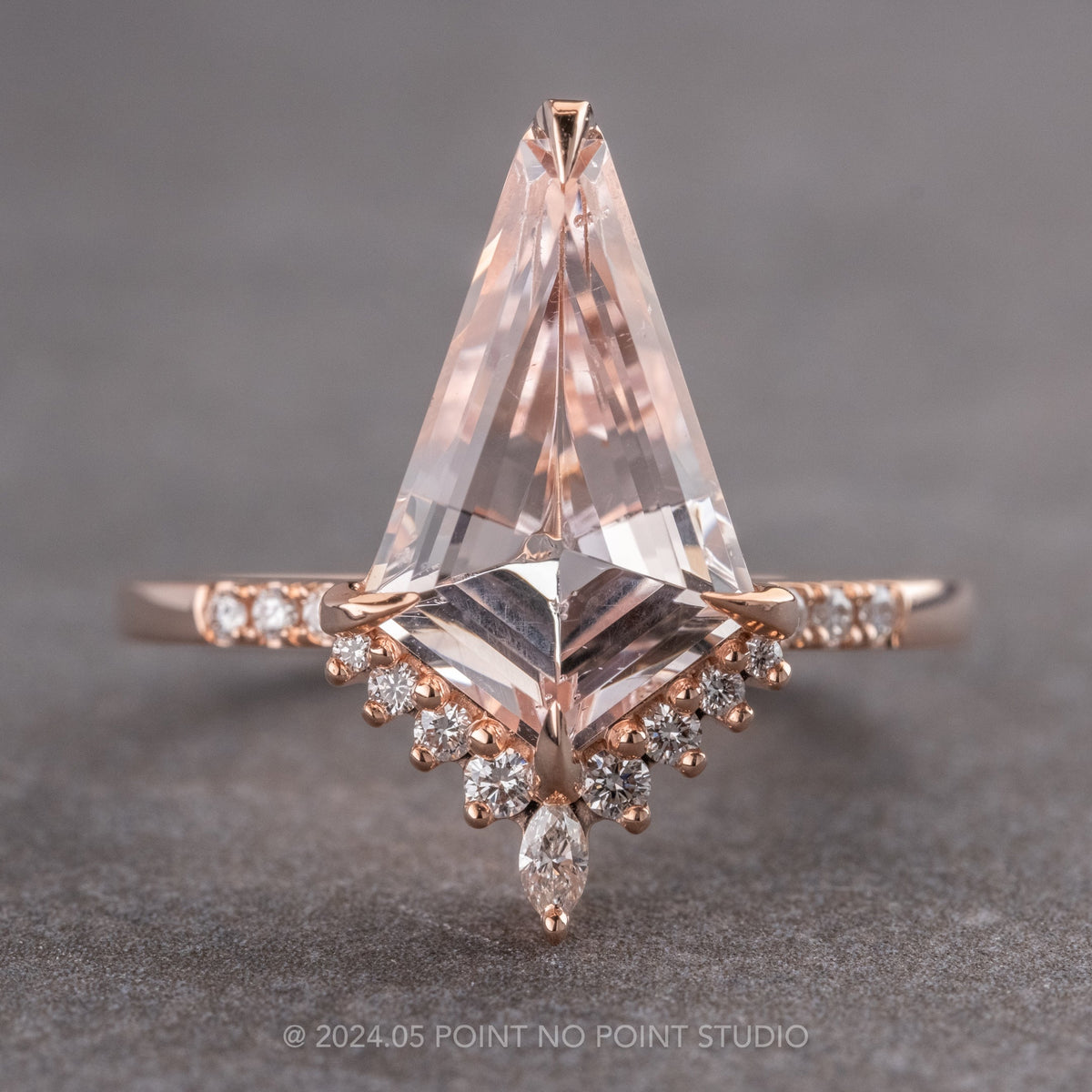 2.99 Carat Kite Morganite and Diamond Engagement Ring, Avaline Setting, 14k Rose Gold