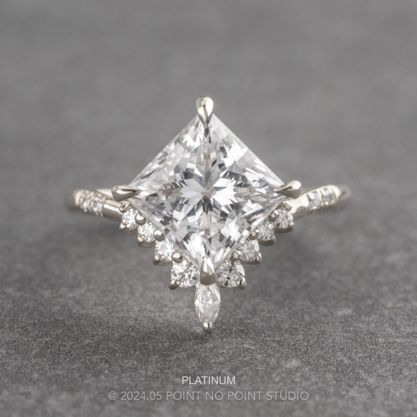 1.91 Carat Princess Cut Moissanite and Diamond Engagement Ring, Flora Setting