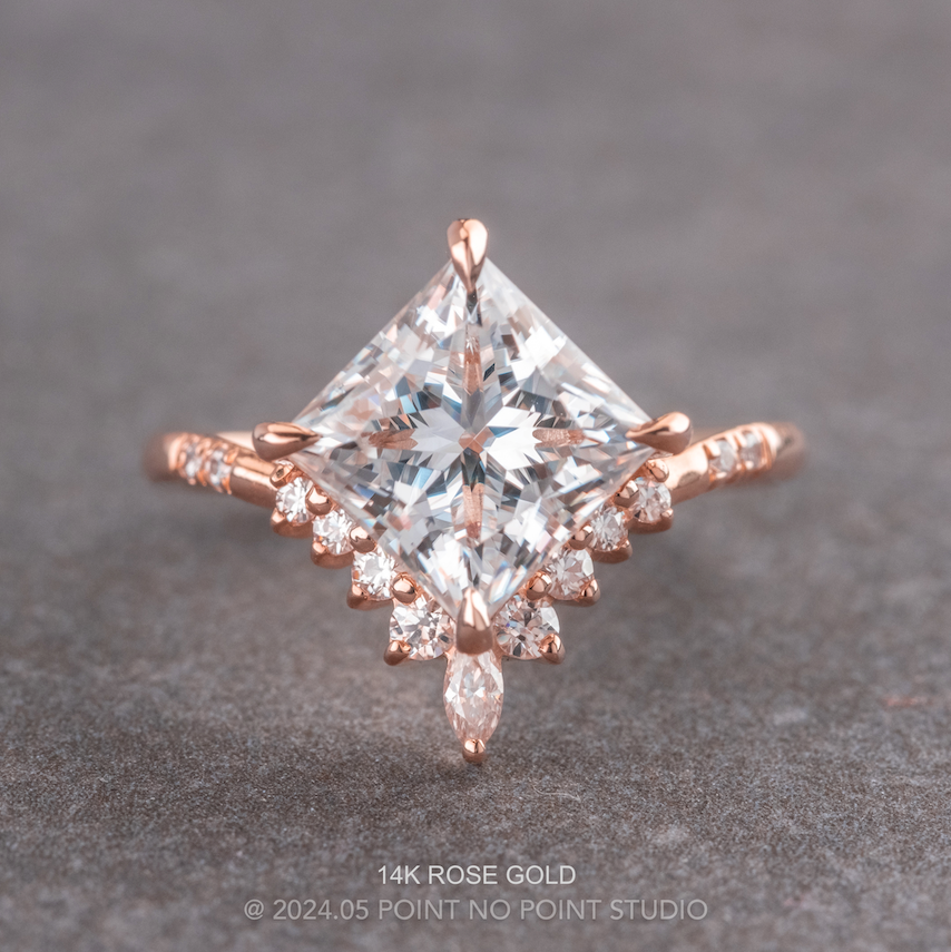 1.91 Carat Princess Cut Moissanite and Diamond Engagement Ring, Flora Setting